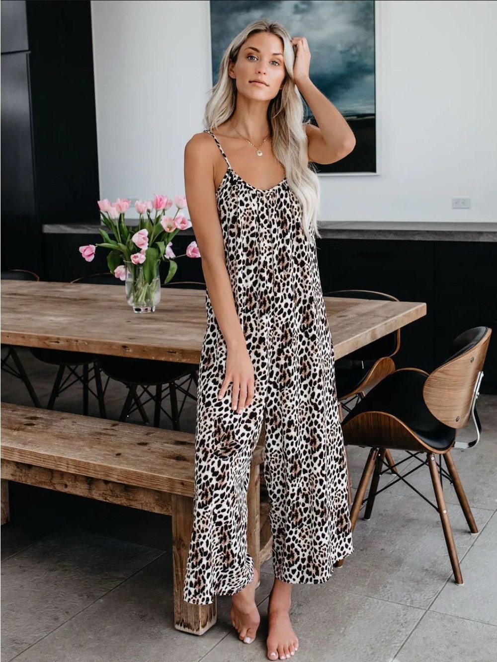 Leopard Print Wide-Leg Jumpsuit - Neutral